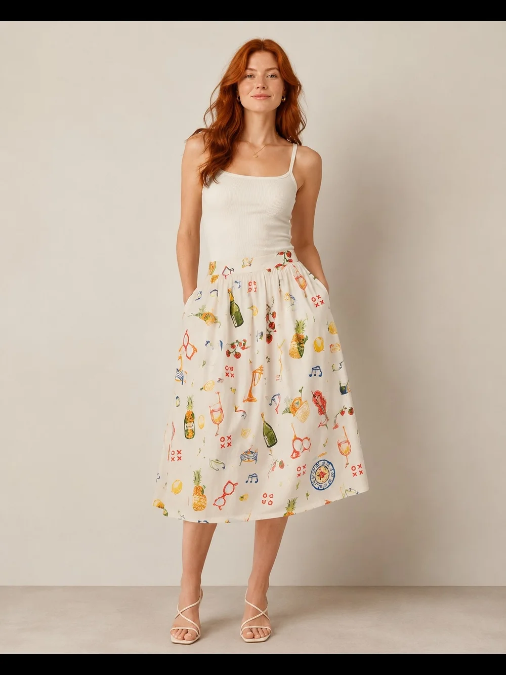 Calypso St. Barth Linen Blend Cream Midi Skirt Multicolor Summer Motifs Medium